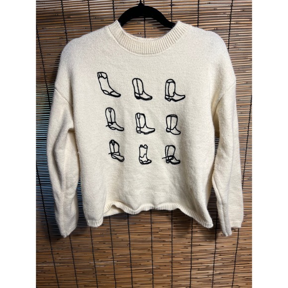 Free Kisses Sweaters - Free Kisses Cream Cowboy Boot Embroidered Crewneck Sweater Medium Western Knit